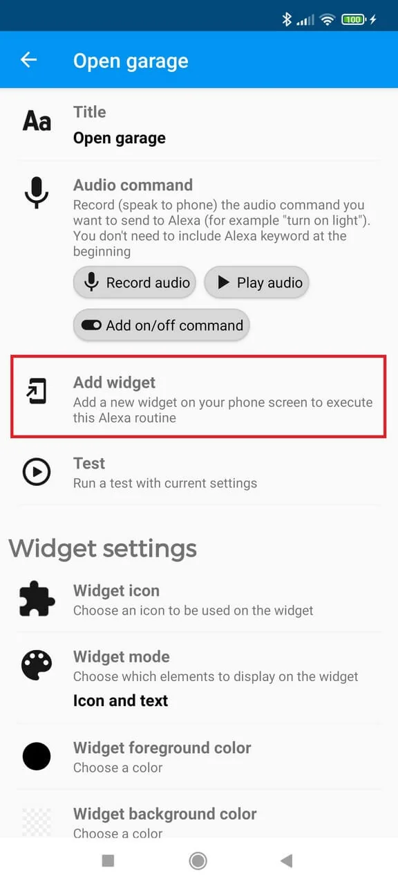 Buttons for Alexa routine screen with the Add widget action highlighted