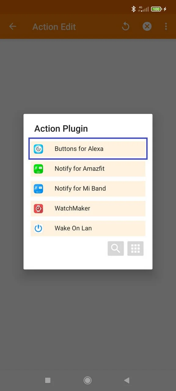 Tasker plugin selection showing Buttons for Alexa